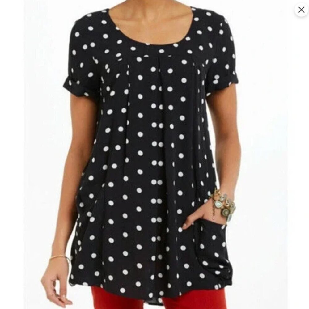Holding Horses Anthropologie Long Polka Dot Tunic Black White Pockets Women's XS
